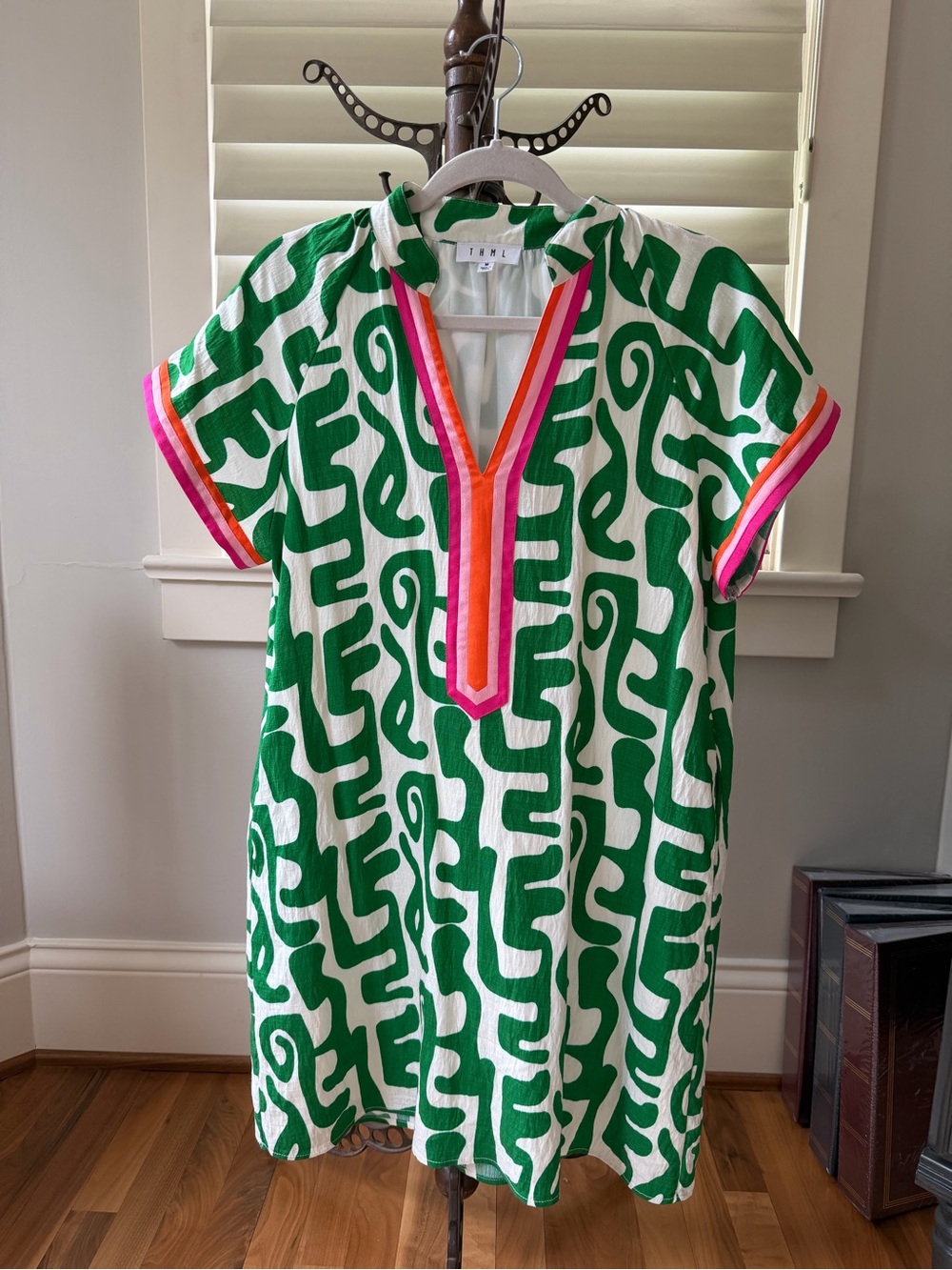 THML Green White Striped V-Neck Blouse with Pink & Orange Trim